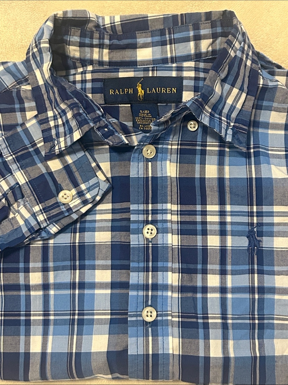 Polo Ralph Lauren Boys Size 8 S Blue Plaid Cotton Button Down Shirt Pony Logo